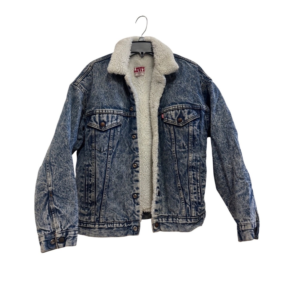 Vintage Levis Acid Wash Denim Sherpa Lined Trucker Jacket Made in USA Small Blue